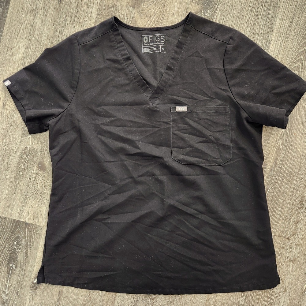 FIGS Technical Collection Black V-Neck Scrub Top XL FW1000 Short Sleeve Pocket
